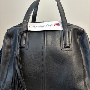 American Eagle Black Faux Leather Handbag, Hand & Shoulder Straps, Tassel *NWT*